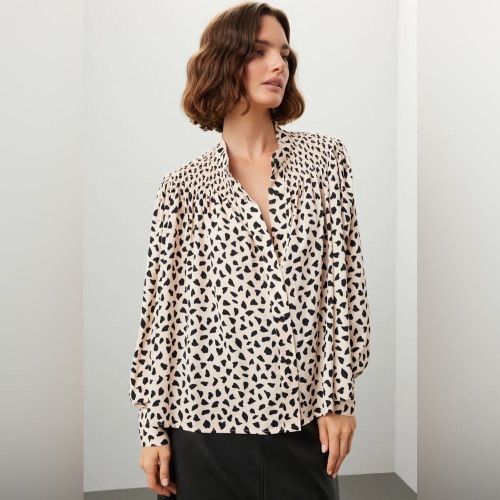 NWT THAKOON Leopard Printed Smocked Top Blouse Beige Combo Size L